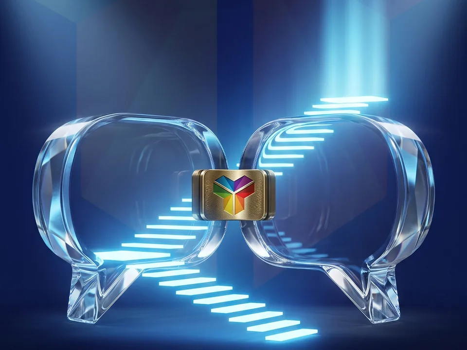 Zwei Sprechblasen, die sich mit dem Tecmony-Emblem verbinden