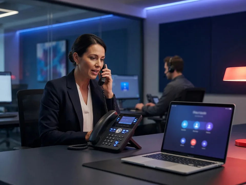 Ein Mitarbeiter telefoniert mit einem Tischtelefon und einem Softphone am Computer