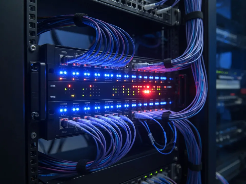 Router und Glasfaserverbindungen in einem Rechenzentrum
