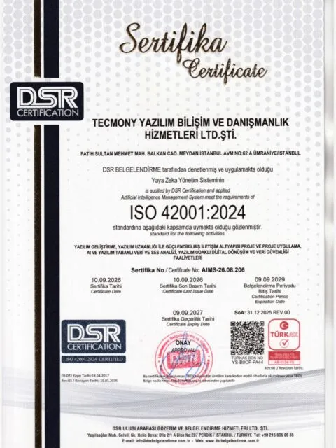 Yapay zekâda güveni standarda dönüştürüyoruz. 🤖
Tecmony olarak, ISO 42001 Yapay Zekâ Yönetim Sistemi sertifikasyonumuzu başarıyla tamamladık. 🎯
Yapay zekânın dönüştürücü gücüne inanıyor; bu teknolojiyi geliştirirken güvenilirlik, sorumluluk ve sürdürülebilirliği odağımıza alıyoruz.
ISO 42001 sertifikasyonu, yapay zekâ teknolojilerinin sorumlu ve etkin şekilde yönetilmesine yönelik yaklaşımımızı uluslararası bir standartla güçlendiren önemli bir adım.
✨ Daha akıllı teknolojiler.
🔐 Daha güvenilir bir gelecek.
Bu süreçte emeği ve katkısı olan tüm ekip arkadaşlarımıza teşekkür ederiz.
#Tecmony #ISO42001 #YapayZeka #ResponsibleAI #AI