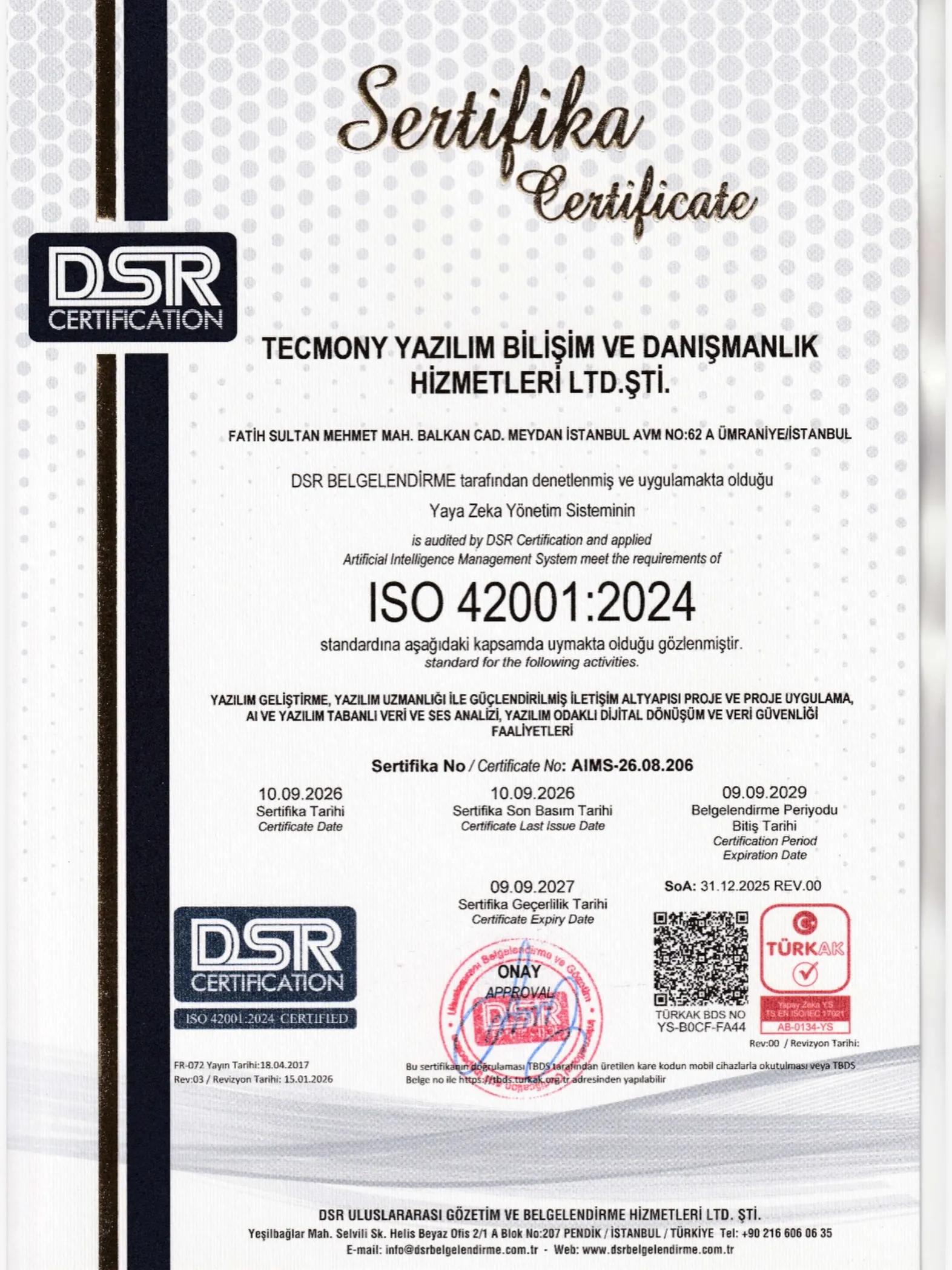 Yapay zekâda güveni standarda dönüştürüyoruz. 🤖
Tecmony olarak, ISO 42001 Yapay Zekâ Yönetim Sistemi sertifikasyonumuzu başarıyla tamamladık. 🎯
Yapay zekânın dönüştürücü gücüne inanıyor; bu teknolojiyi geliştirirken güvenilirlik, sorumluluk ve sürdürülebilirliği odağımıza alıyoruz.
ISO 42001 sertifikasyonu, yapay zekâ teknolojilerinin sorumlu ve etkin şekilde yönetilmesine yönelik yaklaşımımızı uluslararası bir standartla güçlendiren önemli bir adım.
✨ Daha akıllı teknolojiler.
🔐 Daha güvenilir bir gelecek.
Bu süreçte emeği ve katkısı olan tüm ekip arkadaşlarımıza teşekkür ederiz.
#Tecmony #ISO42001 #YapayZeka #ResponsibleAI #AI