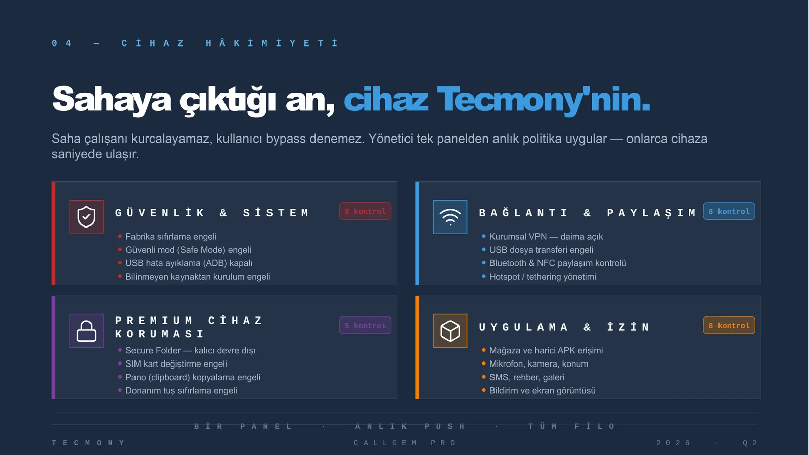 CallGem Pro cihaz güvenliği, bağlantı ve uygulama izin politikaları
